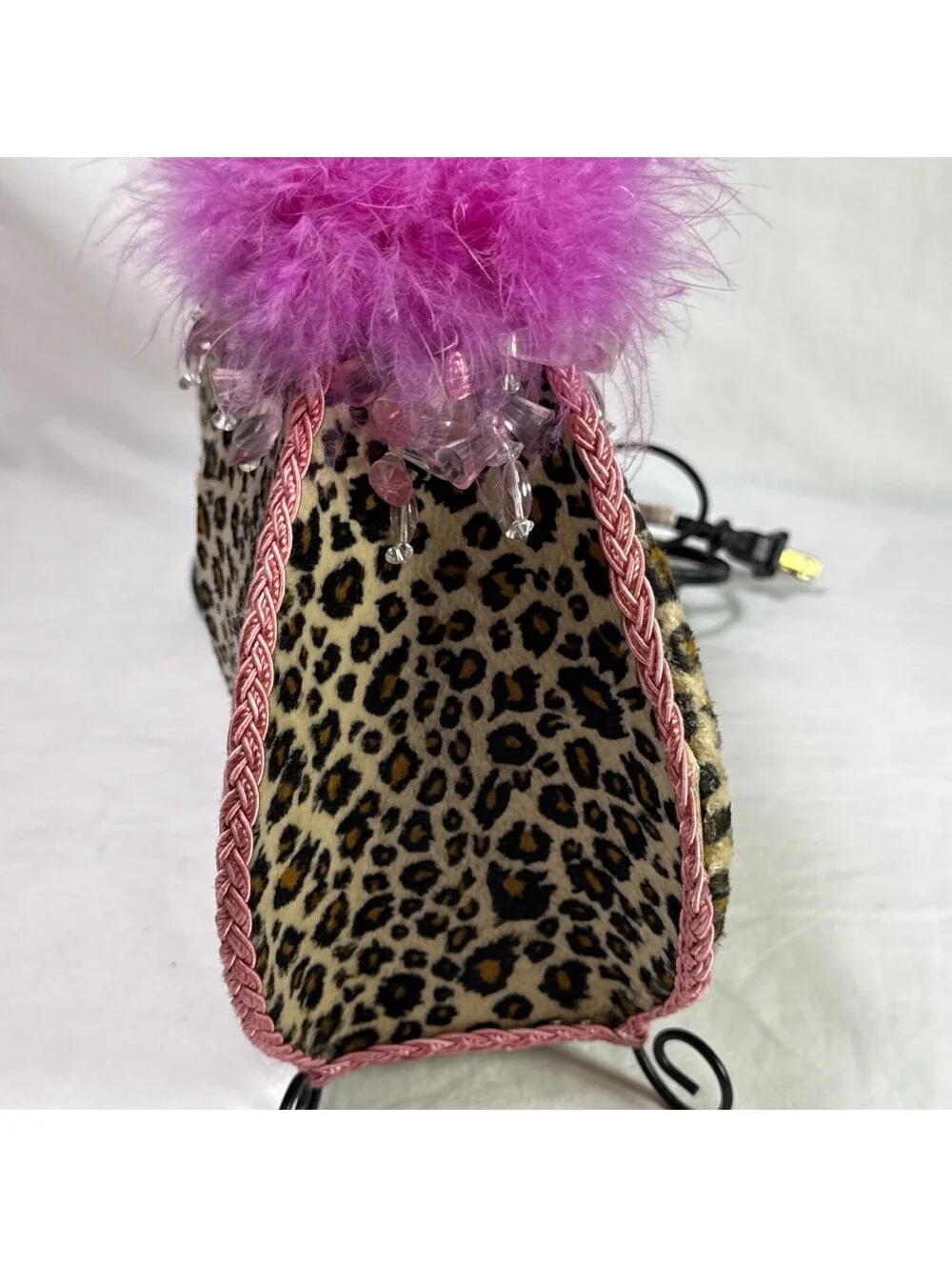 Animal Print Purse Clutch Table Lamp Dangle Beads Leopard Print Pink Faux Fur